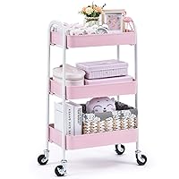 TOOLF 3 Tier Rolling Cart, Metal Utility Cart No Screw, Easy Assemble Utility Serving Cart, Sturdy Storage Trolley with Handles, Locking Wheels, for Classroom Office Home Bedroom Bathroom, Pink