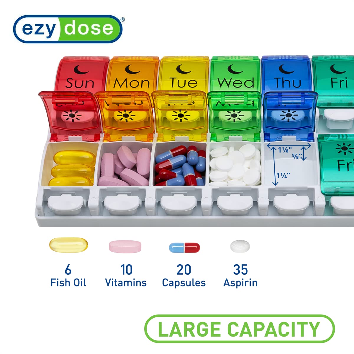 EZY DOSE Push Button (7-Day) Pill Case, Medicine Planner, Vitamin Organizer, 2 Times a Day AM/PM, Removeabale Trays, Large Compartments, Arthritis Friendly, Rainbow Lids