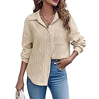 ASTANFY Button Down Shirt Women Work Blouses Tunics Tops Casual Long Sleeve V Neck Tunics Solid Color Tops with Pockets