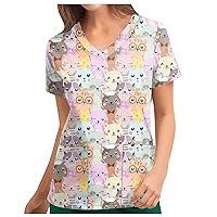 Going Out Top,Women's T-Shirts Personalized Cute Print Short Sleeve V-Neck Top Work Uniform Pocket Tops Spring Tops