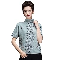 Women's Wool Printed Sequins Decoration Oversized Loose Knitted Mock Neck Short Sleeve Pullover Sweater Tops 012 Blue XXXXXL