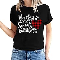 My Class is Full of Sweet Hearts T-Shirt Women Valentines Day Casual Tops Plaid Love Heart Print Short Sleeve Tees