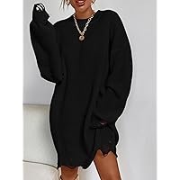 Women's Fashion Dress -Dresses Drop Shoulder Ripped Distressed Sweater Dress Without Belt Sweater Dress for Women (Color : Black, Size : Small)