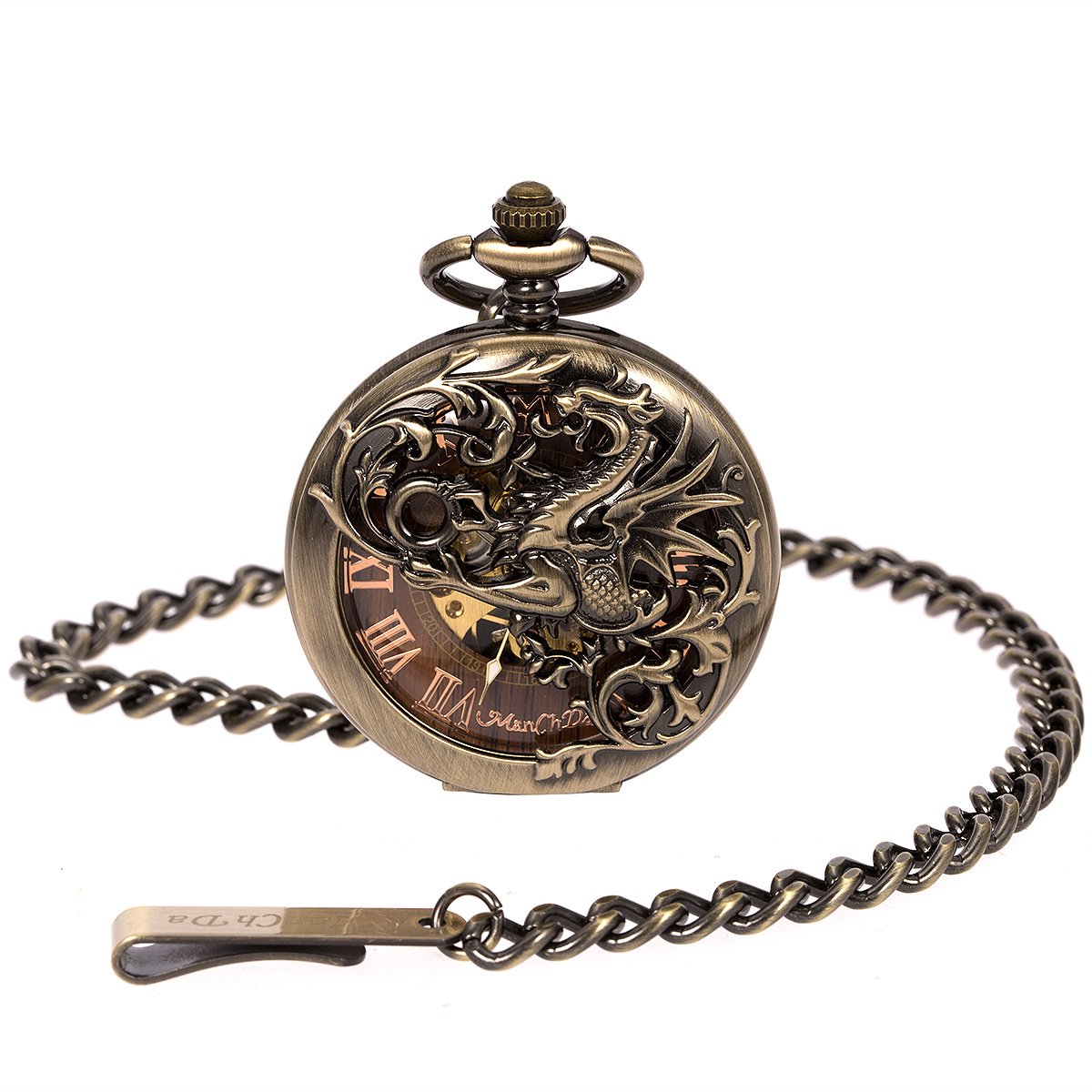 ManChDa Mens Antique Skeleton Mechanical Pocket Watch Dragon Hollow Hunter with Chain and Box