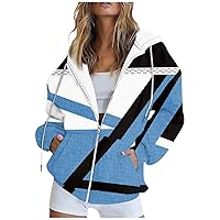 Oversized Zip Up Hoodie For Women Novelty Color Block Long Sleeve Loose Drawstring Sweatshirt Pocket Jacket Outwear