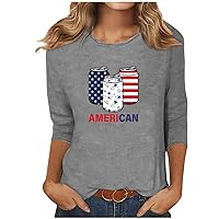 4th of July Shirts Women 3/4 Sleeve Tops American Flag Patriotic Tees Independence Day Crewneck Cute Festival Tops