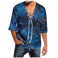 Hawaiian Stylish Printed Shirt for Men Tropical Summer Beach Drawstring Tees Button Up V Neck Comfortable T-Shirts