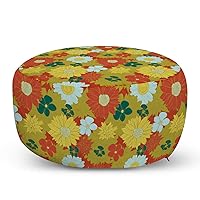 Ambesonne Floral Pouf Cover with Zipper, Ornamental Design Vintage Effect Blooming Chrysanthemum and Lily Flowers with Leaves, Soft Decorative Fabric Unstuffed Case, 30