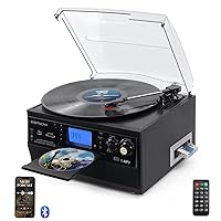 Bluetooth Record Player, Multimedia Center Player with Stereo Built-in Speakers, LP Vinyl to MP3 Converter, 3-Speed Turntable, CD/Cassette Player, FM Radio, Aux in and USB/SD Encoding, Remote Control
