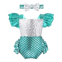 Toddler Girls Mermaid Romper Sequins Ruffled Tops and Fish Scales Bottoms Shorts Jumpsuit with Bow Headband Outfit