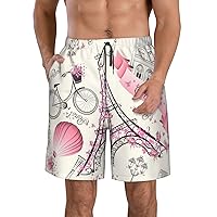 The Paris Tower and a Bicycle Print Men's Beach Shorts Tropical Hawaiian Style,Quick Dry Casual Summer Shorts Adjustable