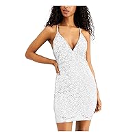 Womens White Stretch Lace Glitter Cut Out Back Sheer Padded Cups Floral Spaghetti Strap V Neck Mini Party Body Con Dress Juniors L