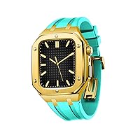 for Apple Watch Band 45mm 44mm Men Women Metal Protective Cover Case Full Coverage Protective case with Silicone Strap Shockproof Bumper Beautiful Gift (Color : Gold Lake Green, Size : 44MM F