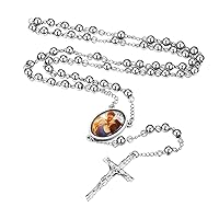 Custom4U Personalized Rosary with Picture Names Engraved Custom Memorial Rosary Beads Catholic Photo Rosaries Medal & Cross Y Necklace Chain 26”+6.5”,Customized Amulet Jewelry Baptism Gifts for Women
