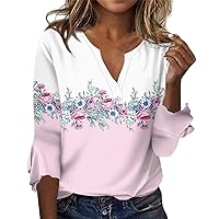 Womens 3/4 Length Sleeve Tops Casual Summer Vneck Shirts Cute Print Tunics Tees Three Quarter Length Sleeve Blouse