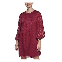 DKNY Womens Burgundy Metallic Keyhole Back Closure Lined Balloon Sleeve Round Neck Above The Knee Party Shift Dress 6