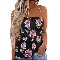 Womens Smocked Boho Floral Strapless Tops Summer Off Shoulder Elastic Waist Sleeveless Trendy Cute Bandeau Shirts