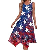 American Flag Star Colorblock Ruffled Midi Dress Women 4th of July Patriotic Dresses Casual Tank Handkerchief Dress