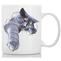 Winston & Bear Playing Grey Cat Mug - Gray Cat Ceramic Coffee Mug - Perfect Grey Cat Gifts - Funny Playing Grey Cat Coffee Mug for Cat Lovers (11oz)