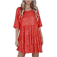 Todays Deals in Clearance Women Sequin Dress Sparkly Giltter Tunic Dresses Round Neck Half Sleeve Loose Swing Dress Disco Party Concert Outfits Robe Sexy Red