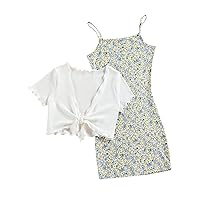 OYOANGLE Girl's 2 Piece Outfits Floral Print Sleeveless Cute Cami Dresses and Short Sleeve Lettuce Trim Tie Front Top Sets