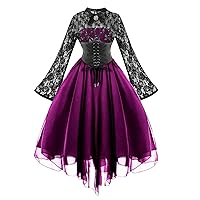 Womens Flare Sleeve Lace Witchy Gothic 40s 50s Retro Vintage Dress Long Sleeve Cocktail Party Steampunk Dress