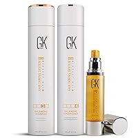 GK Hair Global Keratin Balancing Shampoo and Conditioner 300ml Set & Organic Argan Oil Hair Serum 50ml For Frizz Control Dry Damage Hair Repair