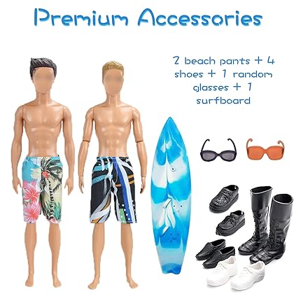 19 PCS Doll Clothes for Ken Doll Including Handmade 1 Suit 5 Tops 5 Pants Casual Wear 2 Beach Pants 4 Pair of Shoes 1 Glasses 1 Surfboard for 11.5 Inch Boy Doll Outfits for Boyfriend Doll