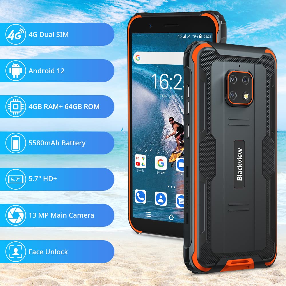 Rugged Smartphone, Blackview BV4900Pro Rugged Unlocked Smartphones Android 12 OS, 7GB+64GB/SD 256GB Expandable, 5580mAh Battery, 5.7