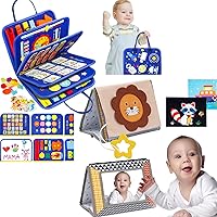 Busy Board for Toddlers for 1 2 3 4 Year Old Boys Birthday Gift - Tummy Time Mirror Toys, Baby Toys 0 3 6 9 Months with Crinkle Book, Teethers, Montessori Sensory Toys Brain Development for Newborn Gi