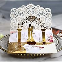 50Pcs 3D Pop Up Wedding & Engagement Anniversary Invitation Cards with Bride & Groom Heart Design (Gold, Only Cover)