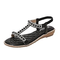 Sandals For Women Casual Summer Shoes Sandals For Womens Studded Crystal Shoes Wedges Elastic Strap Roman Slides Sandals