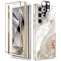 GVIEWIN Designed for Samsung Galaxy S24 Ultra Case, [Screen Protector+Camera Lens Protector][No Built-in Screen Protector Frame] Military Grade Drop Protective, Marble Phone Cover(Pearlescent/Gold)