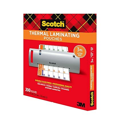 Scotch Thermal Laminating Pouches, 200 Count, Clear, 3 mil., Laminate Business Cards, Banners and Essays, Ideal Office or School Supplies, Fits Letter Sized (8.9 in. × 11.4 in.) Paper