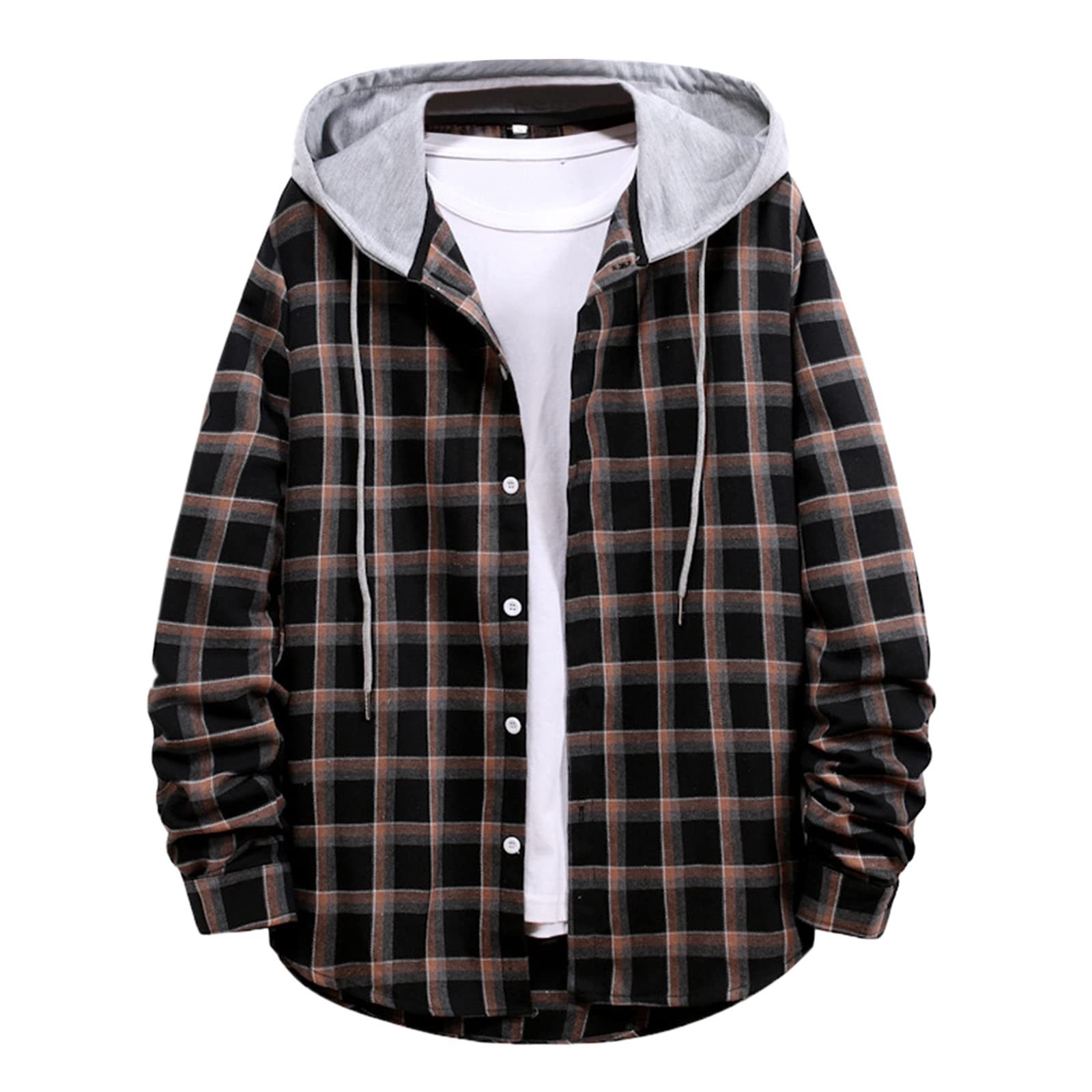 Mens Warm Hooded Flannel Shirts, Plaid Hooded Shirt Jacket Heavyweight  Thermal Lined Single-breasted Button Down Coat