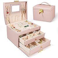Jewelry Box Organizer for Girls Women, 3 Layer Leather Jewelry Box for Girls 8-12, Travel Jewelry Case with Mirror and Lock, Jewelry Storage Box, Birthday Gifts for Girls (Pink)