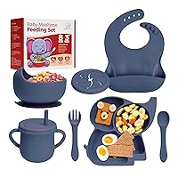 Silicone Baby Feeding Set, 8 Pcs Premium Toddler Utensils, Baby Feeding Supplies, Complete Baby Led Weaning Utensils -Plate, Bowl, Baby Bibs, Cups, Baby Spoon and Baby Forks for Self Feeding