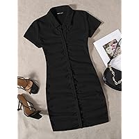 Dresses for Women Collared Buttoned Front Rib-Knit Dress (Color : Black, Size : Small)