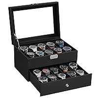 SONGMICS 20-Slot Watch Box, Watch Case with Glass Lid, 2 Layers, Lockable Watch Display Case, Black Synthetic Leather, Black Lining UJWB020B01