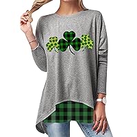 YMING Women's St. Patricks Day Crew Neck Long Shirts Clover Loose Pullover Irish Shamrock Print Sweatshirt Tops