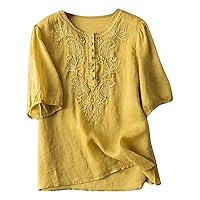 Womens Cotton Linen Embroidered Blouse Short Sleeve Crew Neck Peasant Boho Top Casual Vintage Loose Button-Down T Shirts