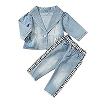 ACSUSS Little Kids Girls Denim Outfit Long Sleeve Lapel Denim Jacket Coat + Jeans + Waist Belt
