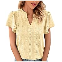 Women Dressy Trendy Tops Flutter Sleeve T Shirt Elegant V Neck Work Tshirt Casual Summer Tops Plain Fitted Blouse