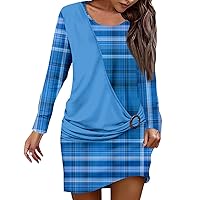 Trendy Plus Size Mini Dress for Women Casual Fall Winter Long Sleeve Elegant Formal Ruched Floral Plaid Short Dress