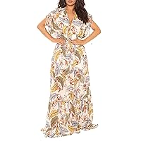 Womens Sexy Lace Up Sleeve Deep v Neck Floral Printed Chiffon Ruffles Bodycon Party Clubwear Dress