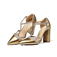 Women's Sexy Pointed Toe Pumps Chunky High Heel Glitter T-Strap Fashion Patent Leather Spring Summer Dress Pump Shoes