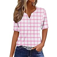 2024 Summer Womens Henley Tunic Tops Trendy Plaid Shirts Button Down T-Shirts Short Sleeve V-Neck Casual Blouses