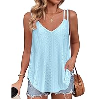 Zeagoo Flowy Tank Tops for Women Spaghetti Strap Eyelet Embroidery Loose Fit V Neck Sleeveless Casual Summer Tank Tops