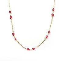 Semi-Precious Stone Pink Tourmaline Gemstone Brass Gold Plated Wire Wrapped Beaded Chains Necklace