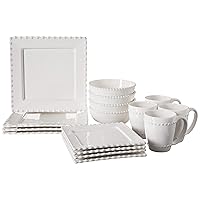 American Atelier Bianca Bead 16-Piece Ceramic Square Dinnerware Set -4 Dinner & 4 Salad Plates, 4 Bowls, 4 Mugs – Gift for Special Occasion, Party, or Birthday, White
